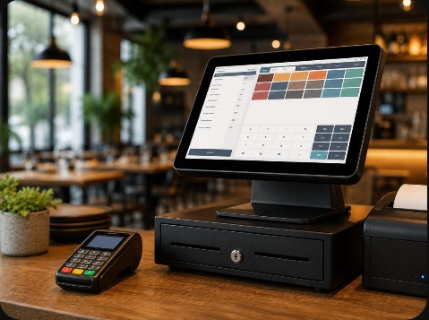 Restaurant cashier counter with point-of-sale equipment