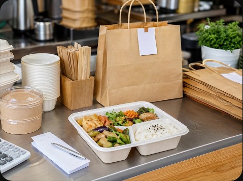 Packed takeaway food ready for restaurant delivery