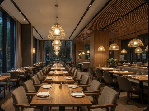 Empty dine-in restaurant area with arranged tables and chairs