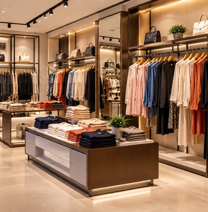 Fashion showroom with clothing racks and folded garments, without people