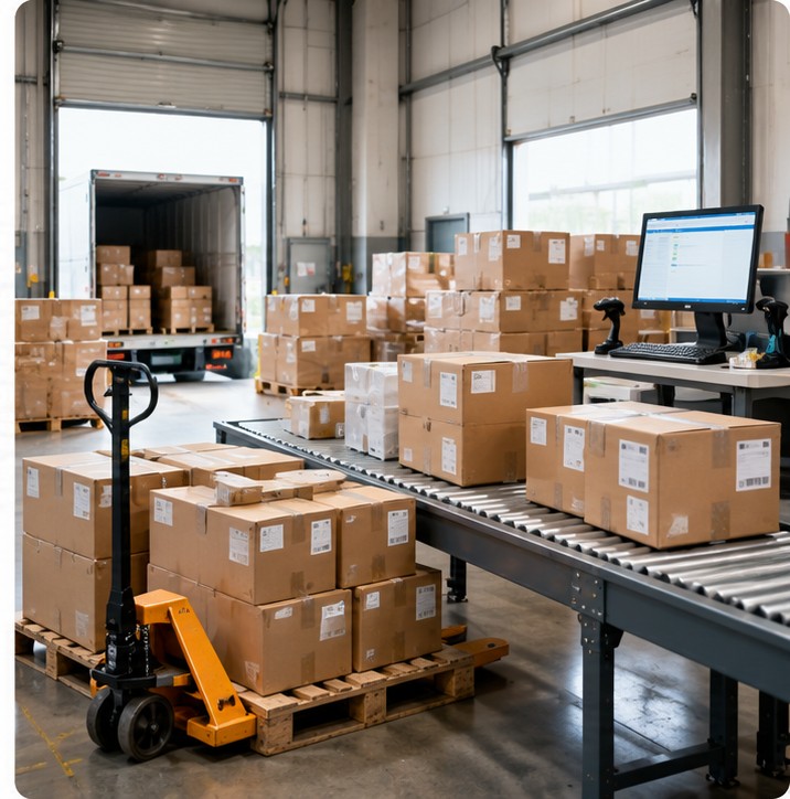 Goods receiving area with shipments, cartons and a workstation, without people