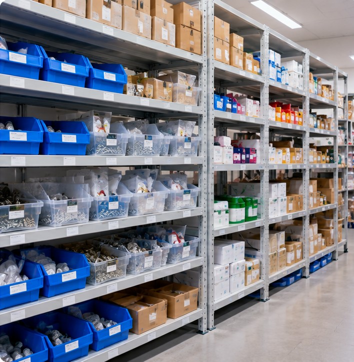 Organized inventory location with labeled bins and storage shelves, without people