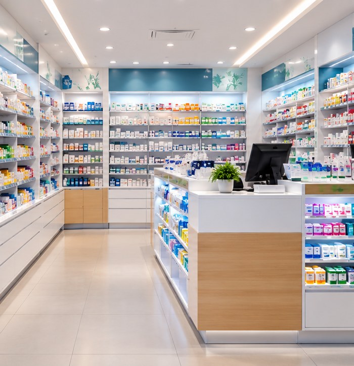 Modern pharmacy with stocked health products and a POS counter, without people