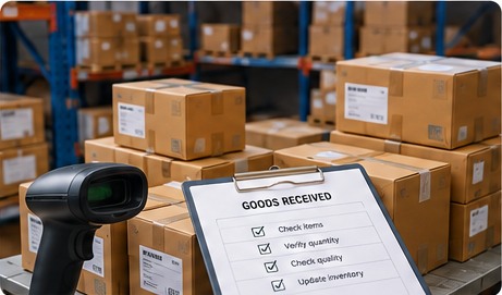 Warehouse goods receiving station with scanner, cartons and receiving checklist