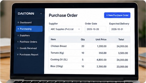 Purchase order software screen displayed on a laptop at a desk