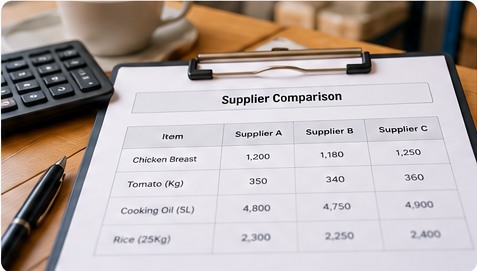 Supplier comparison sheet with purchase prices and calculator