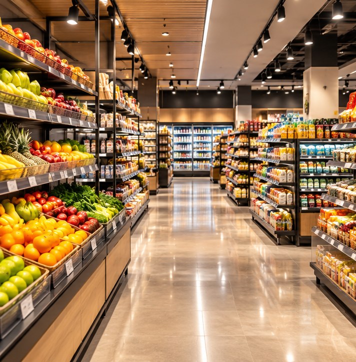 Modern supermarket with fully stocked grocery aisles and fresh produce, without people