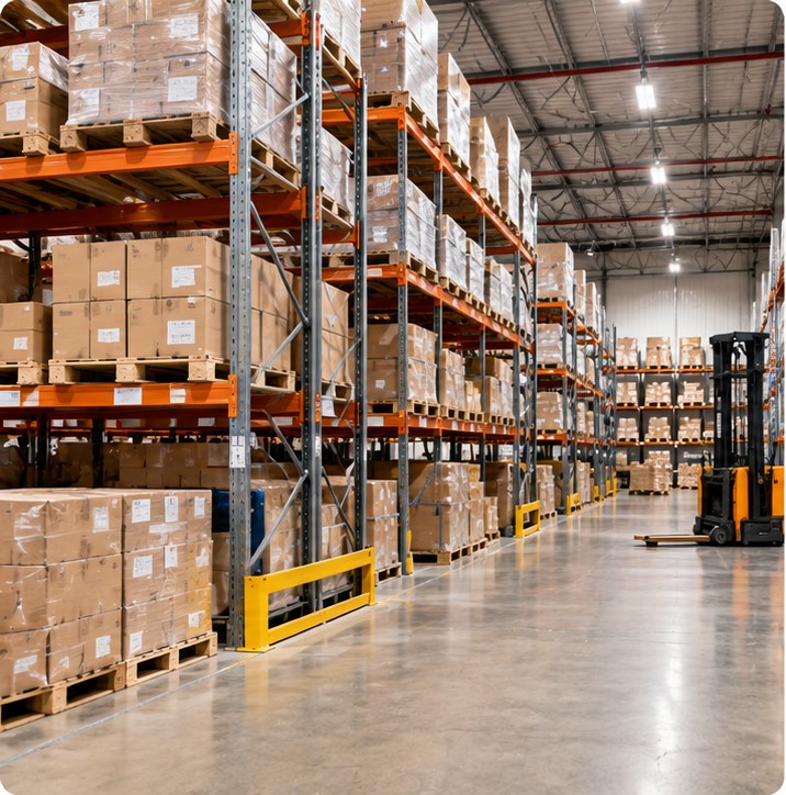 Modern warehouse with organized pallet racks and cartons, without people